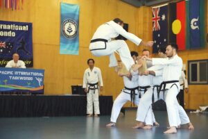 Taekwondo, twin jumping front kick board break